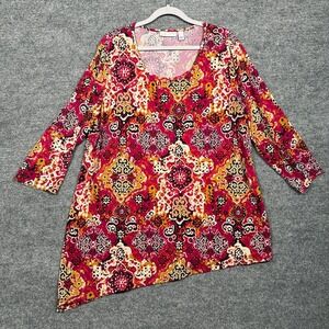 Susan Graver XL Asymmetric Shirt Blouse Red Ikat Print Scoop Neck 3/4 Sleeves